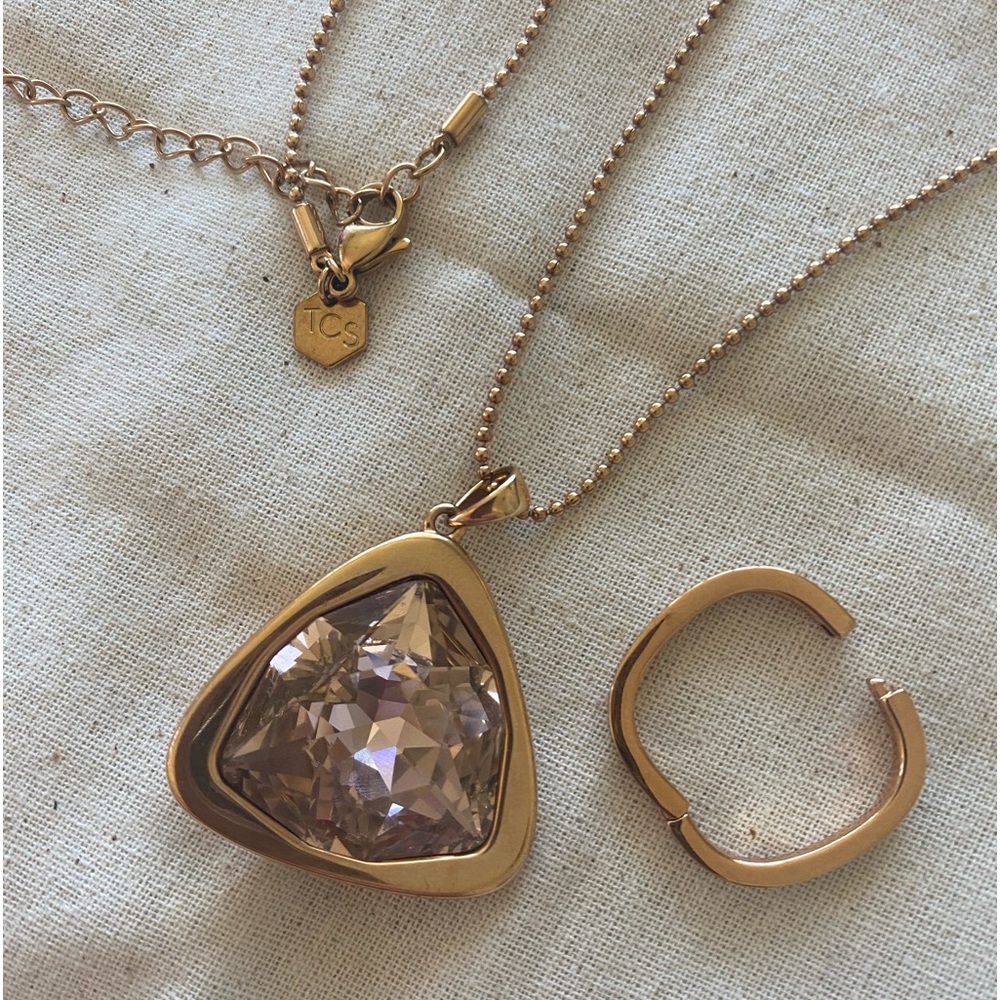 Touchstone long rose gold necklace with pink stone and necklace shortener.